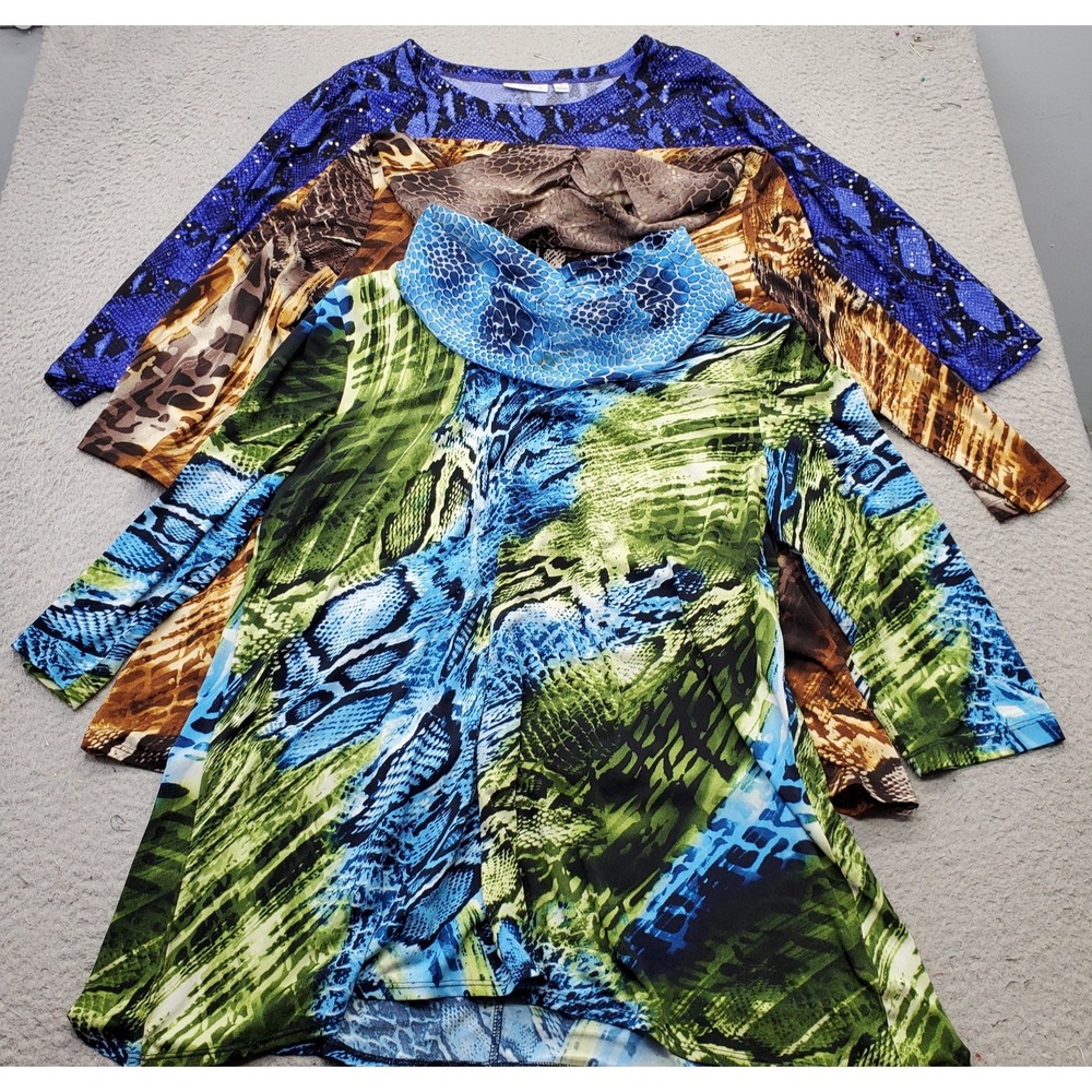 Lot Of 3 Susan Graver Blouse Womens L Multi Liquid Knit Animal Print Cowl Neck